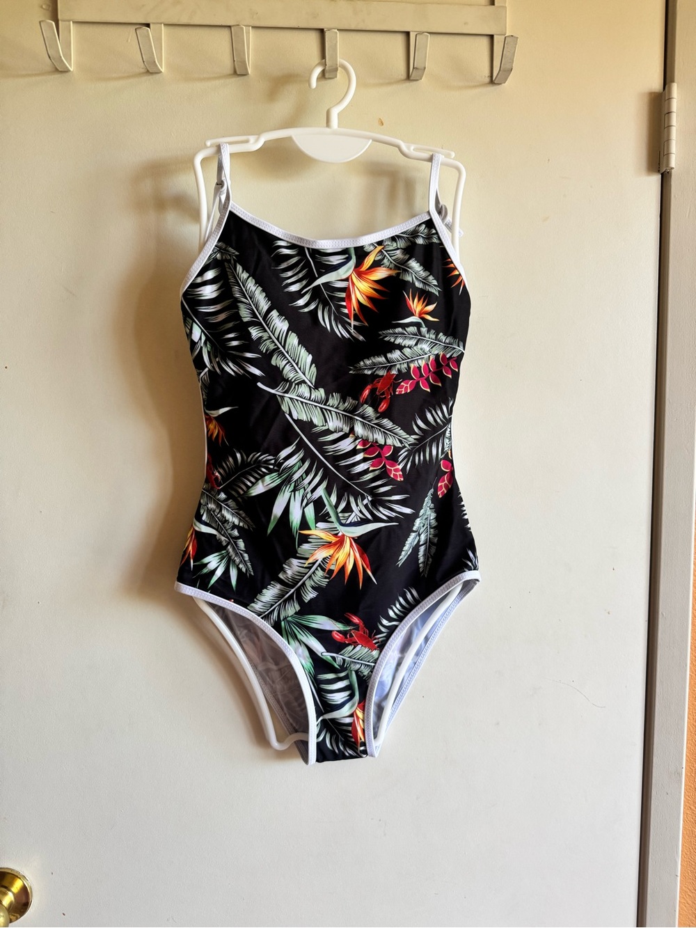 Black Tropical One-Piece Swimsuit with White Trim. Size M